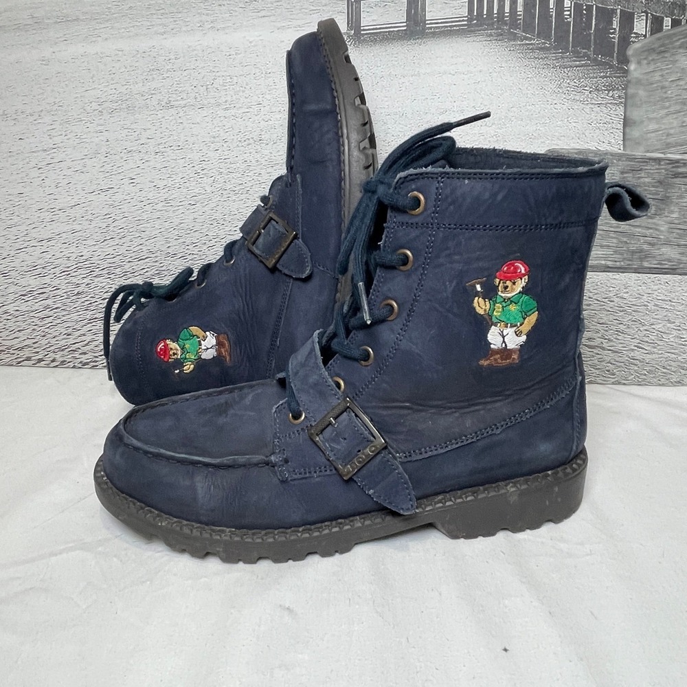 Polo Ralph Lauren‎ Ranger Hi II Boots Kids Boy's US 6 Navy Blue Polo Bear Buckle